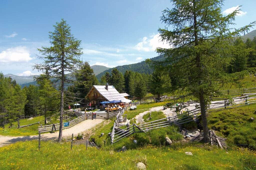 Berghütte umgeben von Bäumen und Bergen unter klarem Himmel, eingebettet in die Landschaft.