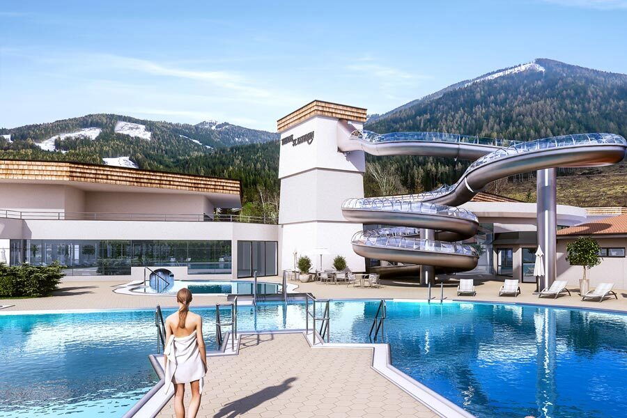 Exterior view of the St. Kathrein thermal spa in Bad Kleinkirchheim