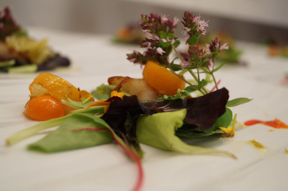 Ein kunstvoll angerichteter Salat mit frischen Zutaten und essbaren Blüten für eine gesunde Ernährung.