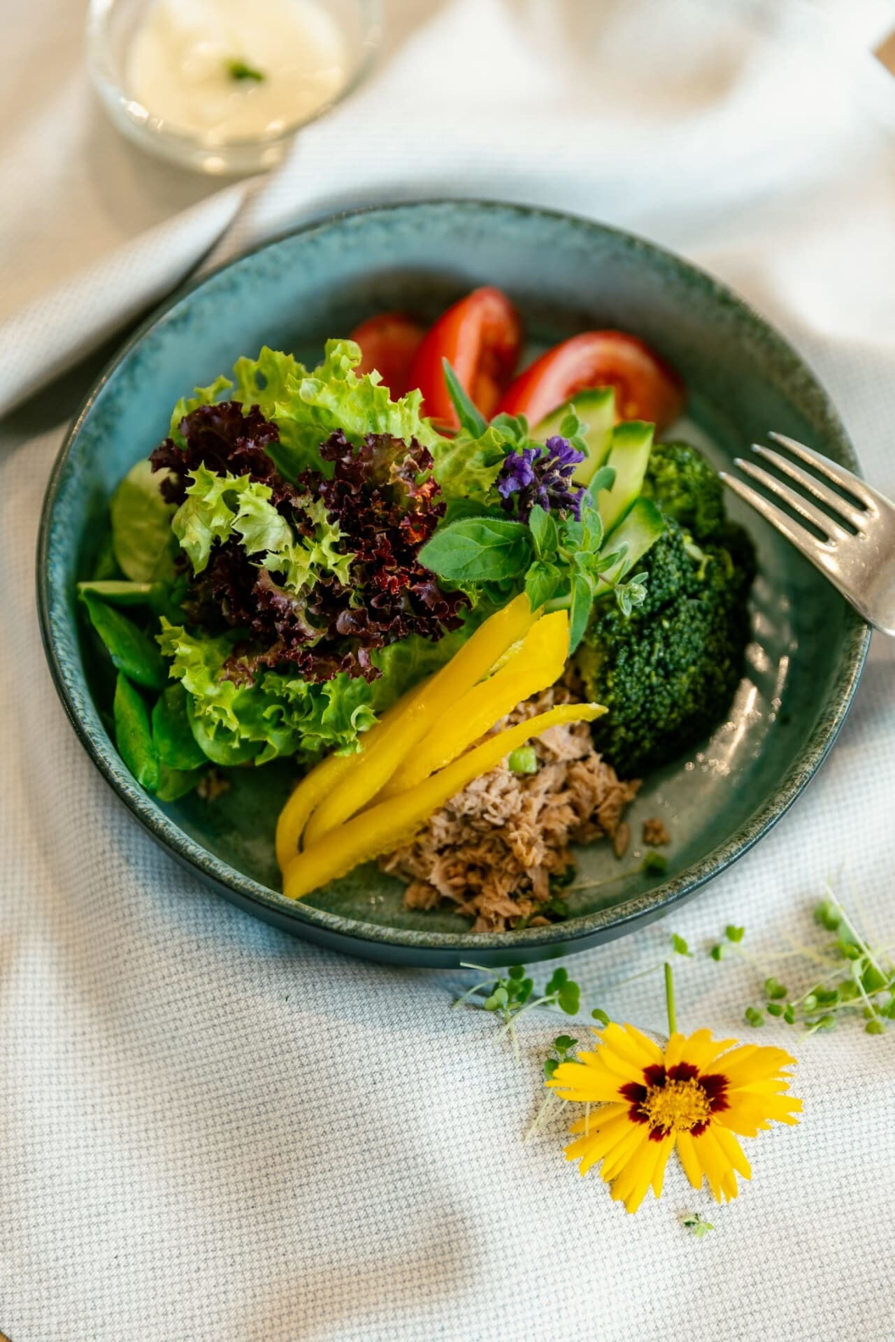 Schüssel mit frischem Gemüse wie Salat, Tomaten und Brokkoli sowie Fleisch und Joghurt