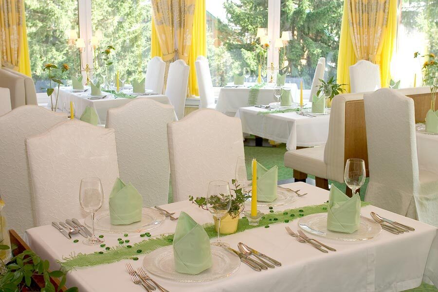 Elegante Tischdekoration im Restaurantbereich eines Spas mit Blick ins Grüne. Besteck und Gläser sind sorgfältig arrangiert.